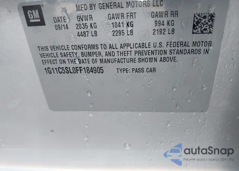 2015 Chevrolet Malibu 1Lt z USA, uszkodzony, nr VIN 1G11C5SL0FF184905